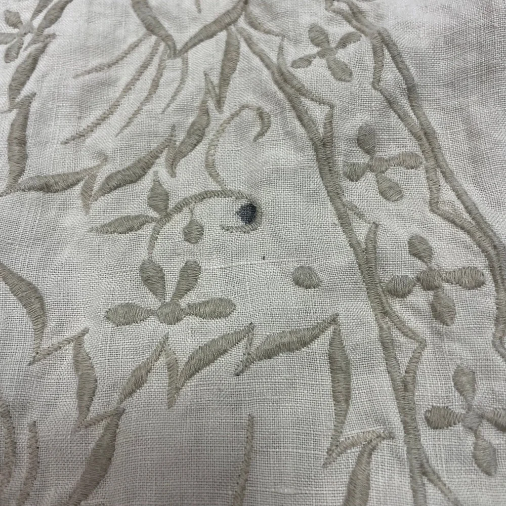 Vintage Tablecloth Beige Floral Embroidered Scalloped Linen Bridal Baby Formal